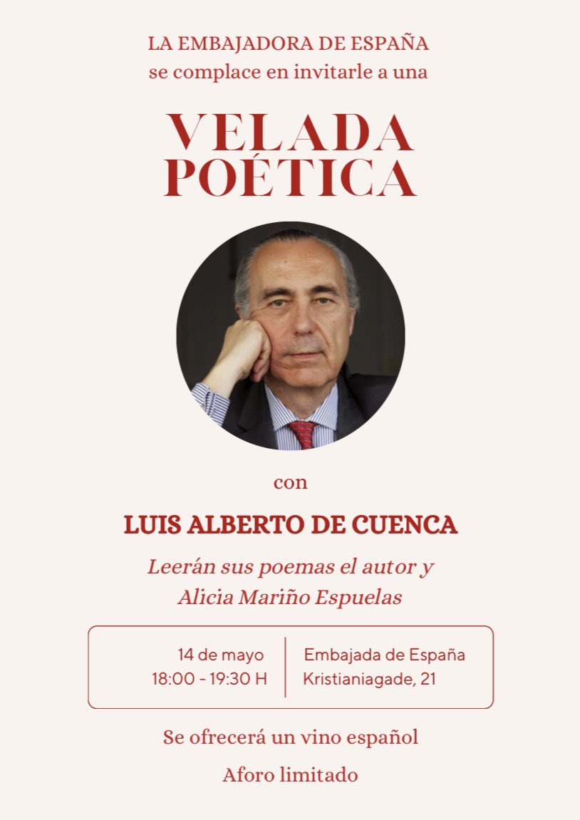 📖 El día 14 de mayo tendrá lugar una lectura de poemas de la mano del ilustre Luis Alberto de Cuenca en la Embajada de España. ¡Únete a lo que promete ser una velada enriquecedora!