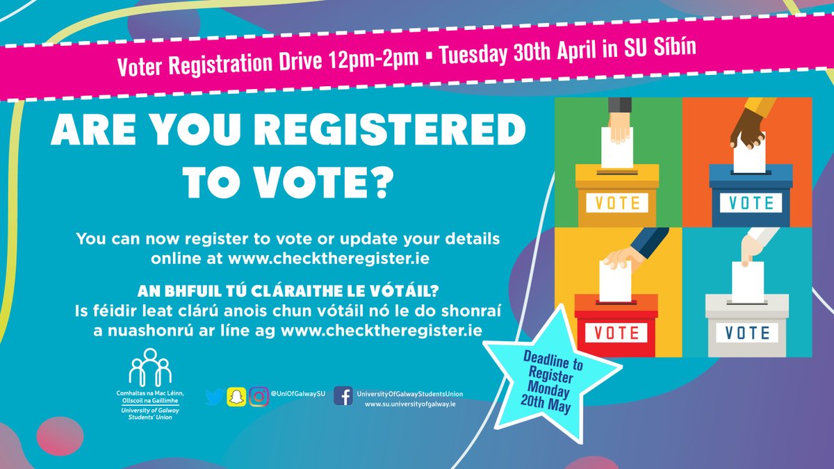 Happy #NationalVoterRegistrationDay 🗳️🥳

Join us in the SU Síbín 12pm-2pm today for our Voter Registration Drive (there may be freebies 👀)

You have until Monday 20th of May to make sure you're registered to vote at checktheregister.ie 

#DoChomhaltas