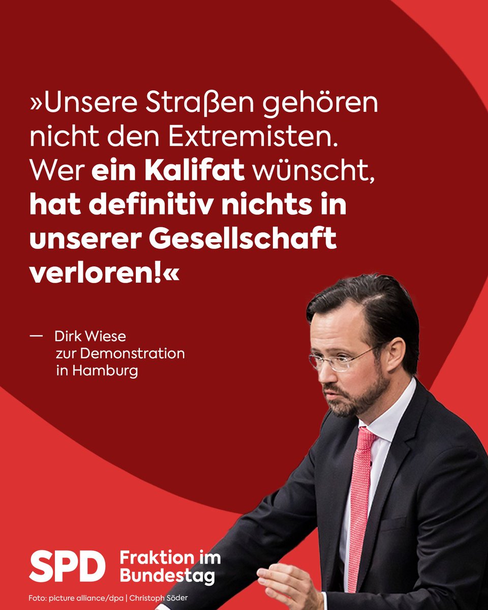 'Dass ein Kalifat definitiv nicht die Lösung ist, können viele Menschen in Deutschland bezeugen, die dem IS-Terror entkommen konnten', sagt @DirkWieseSPD Der Rechtsstaat dulde keine Gewalt zusammen mit Hamas-Propaganda und Hasstiraden gegen Jüdinnen und Juden, so Wiese.