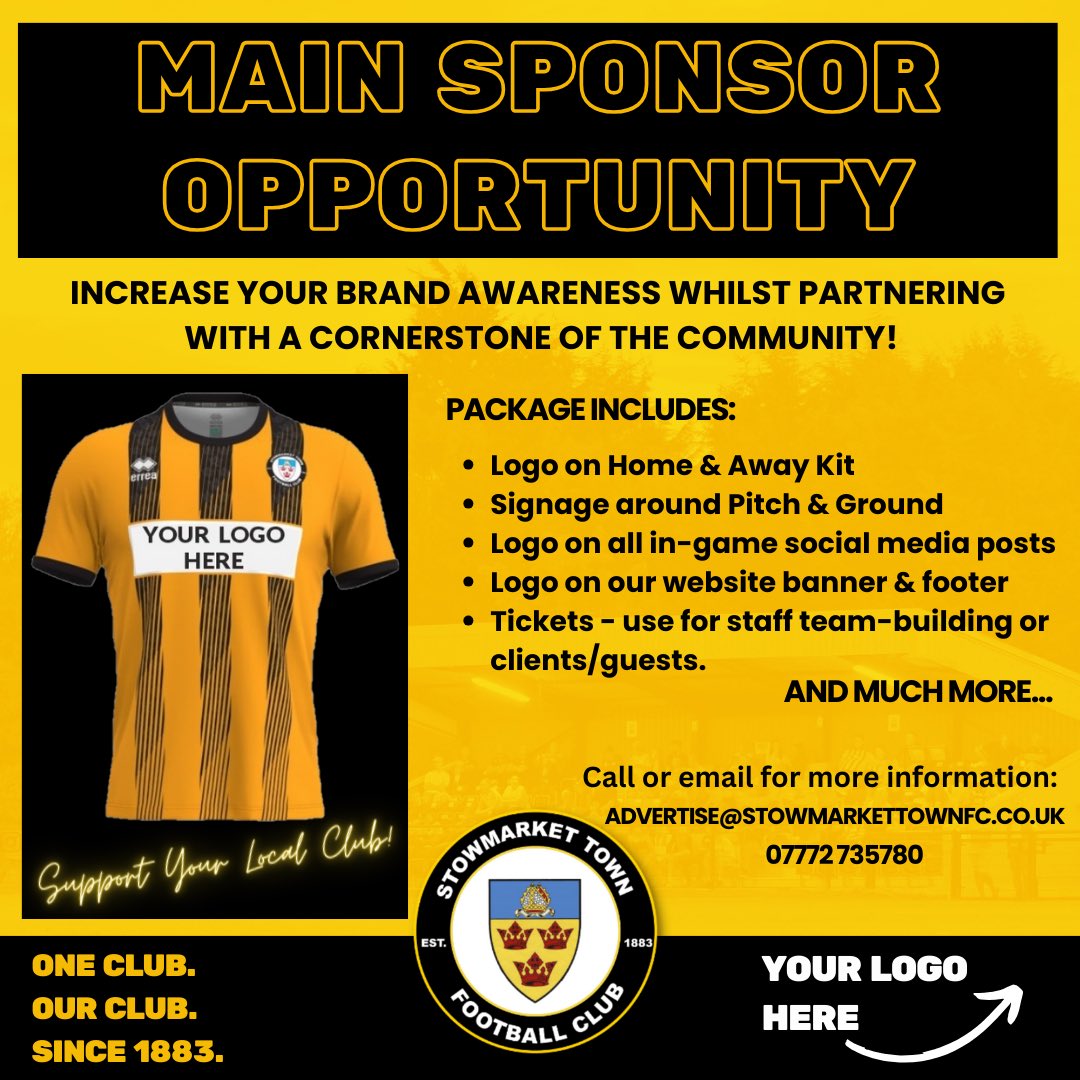 📣 We are now seeking a main sponsor for the season ahead! 📣 This is an opportunity to support your local club whilst ensuring your logo and brand are prominently featured on our first team kit, ground, social media and website. 💛🖤 Get in touch! 📞📧