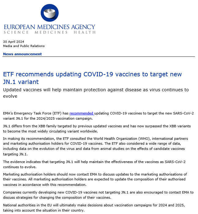 ❗️ Le groupe d'experts de l'EMA demande aux fabricants de mettre au point de nouveaux vaccins ciblant le variant #Omicron JN.1 (largement majoritaire depuis plusieurs mois en France et dans le monde) pour l'automne/hiver prochain, afin de gagner en efficacité. #Covid19 1/n