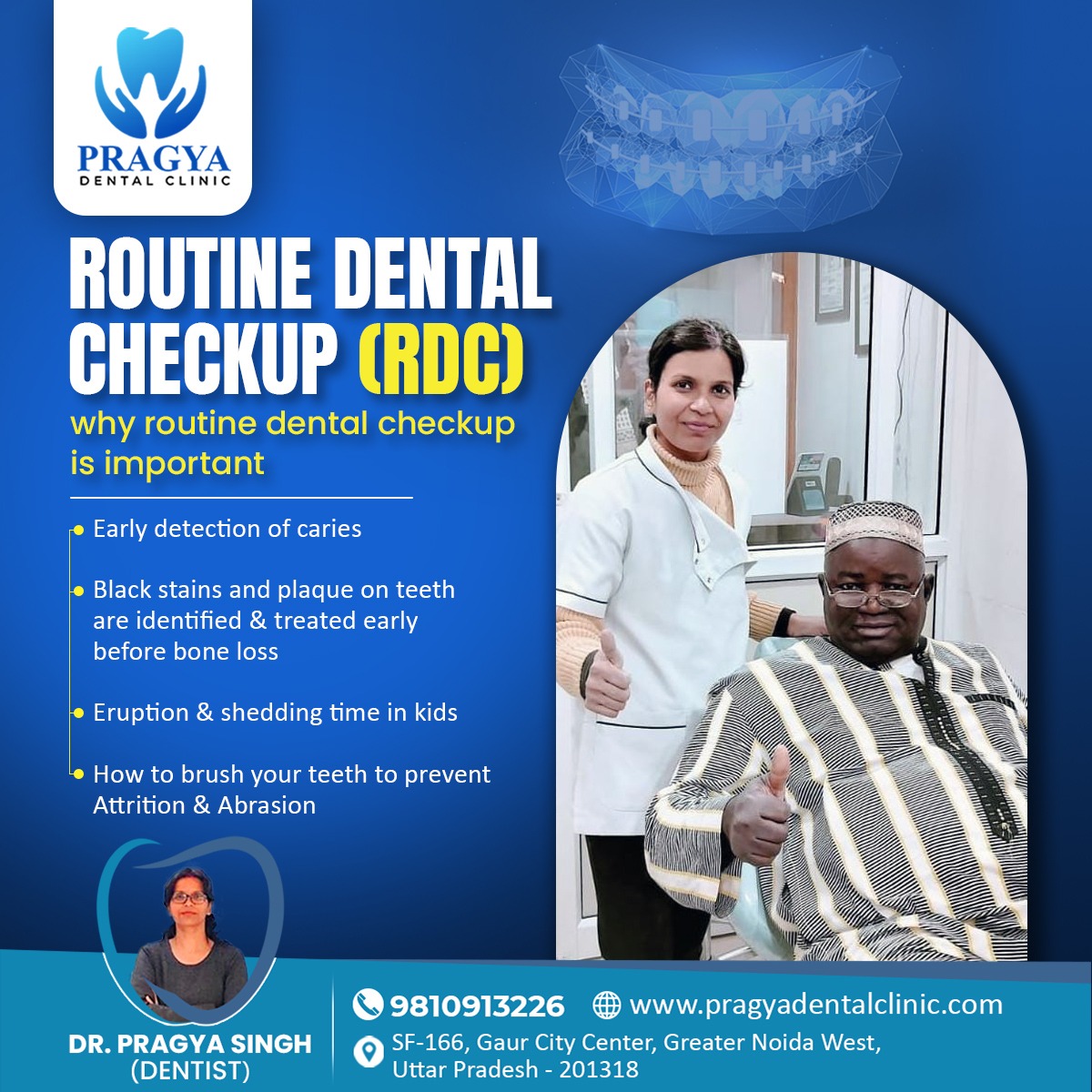 🌟 Keep your smile bright with Routine Dental Checkups (RDC)! Early detection of cavities and plaque buildup can prevent serious dental issues. Schedule your checkup today! 
.
.
visit: pragyadentalclinic.com
.
#RoutineDentalCheckup #DentalCheckup #OralHealth #DentalHygiene