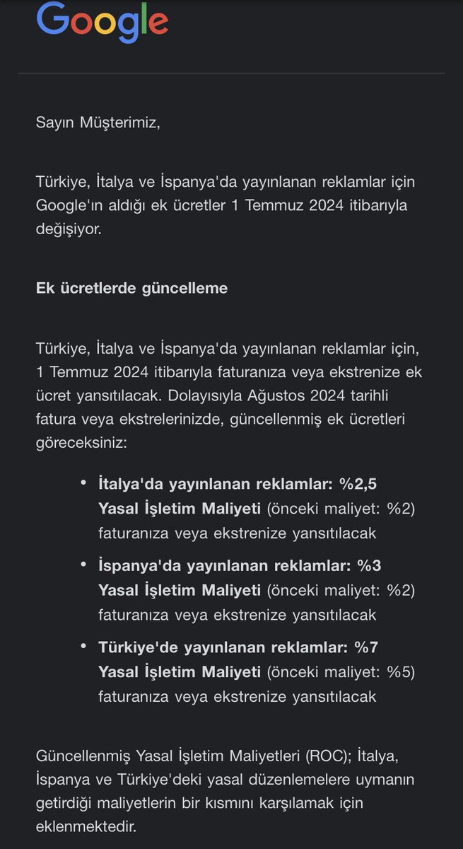 Türkiye de yayınlanan reklamlar için yasal işlem maliyeti %5 den, %7 yükseliyor.

İyi bir şey yok, bindirmeye devam..