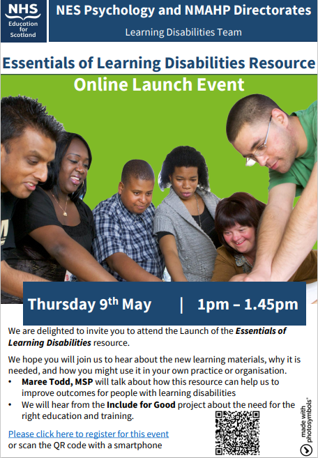 Happy Scottish Learning Disability week! We are launching our ‘Essentials of Learning Disability’ resource on 9th May. These e-modules aim to equip learners with tools to improve well-being & quality of life of people with LD across Scotland. Sign up here forms.office.com/e/KwdpXBd1Qi