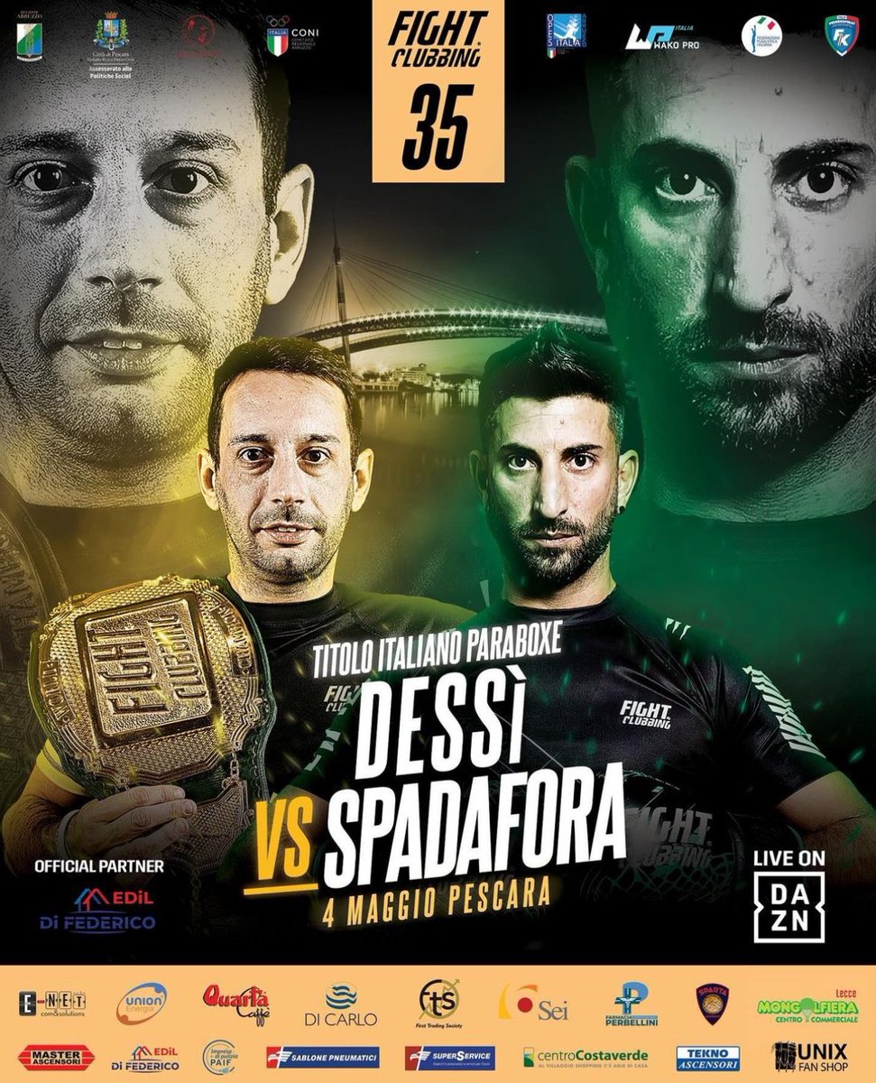 🚨🚨🚨#Fightnews 

🥊  🏆🇮🇹il prossimo 4 maggio a Pescara avrà luogo il match per il Campionato FPI di Boxe Autonoma in Carrozzina tra Simone Dessi (Campione) e Lollo Spadafora (Sfidante) 

🥊 l’Incontro fa parte del programma di una grande serata targata Fight Clubbing 

#Euro…