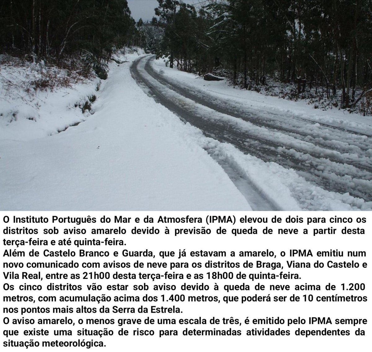 IPMA coloca cinco distritos sob aviso amarelo devido à queda de neve