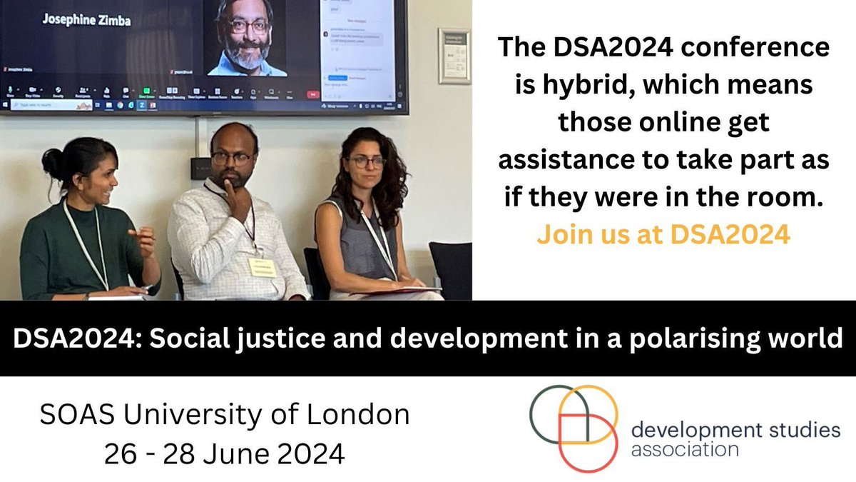 Development Studies Association (@devcomms) on Twitter photo #DSA2024 : Social justice and development in a polarising world
🐦 Early Bird registration is now open!
📅 Join us on 26–28 June 2024
📌 Hybrid: Online and at <a href="/SOAS/">SOAS University of London</a> University of London
For more info and to register, visit our website ⤵️
buff.ly/4amHJoE #DSA2024 : Social justice and development in a polarising world
🐦 Early Bird registration is now open!
📅 Join us on 26–28 June 2024
📌 Hybrid: Online and at <a href="/SOAS/">SOAS University of London</a> University of London
For more info and to register, visit our website ⤵️
buff.ly/4amHJoE