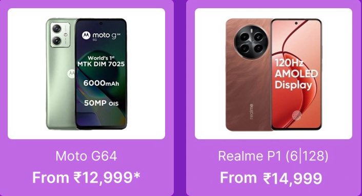 Budget Smartphone deal alert 🚨

Moto G64 From 12,999*
RealMe P1 (6/128) From 14,999*