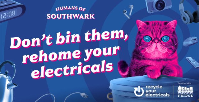 #HypnoCat is here to launch #RehomeYourElectricals! Did you know you can now pass on your working unwanted, small electricals with us at Albrighton Community Centre to be rehomed through our #communityfridge? Find out more at albrightoncommunityfridge.org   @recycleelectric #se22