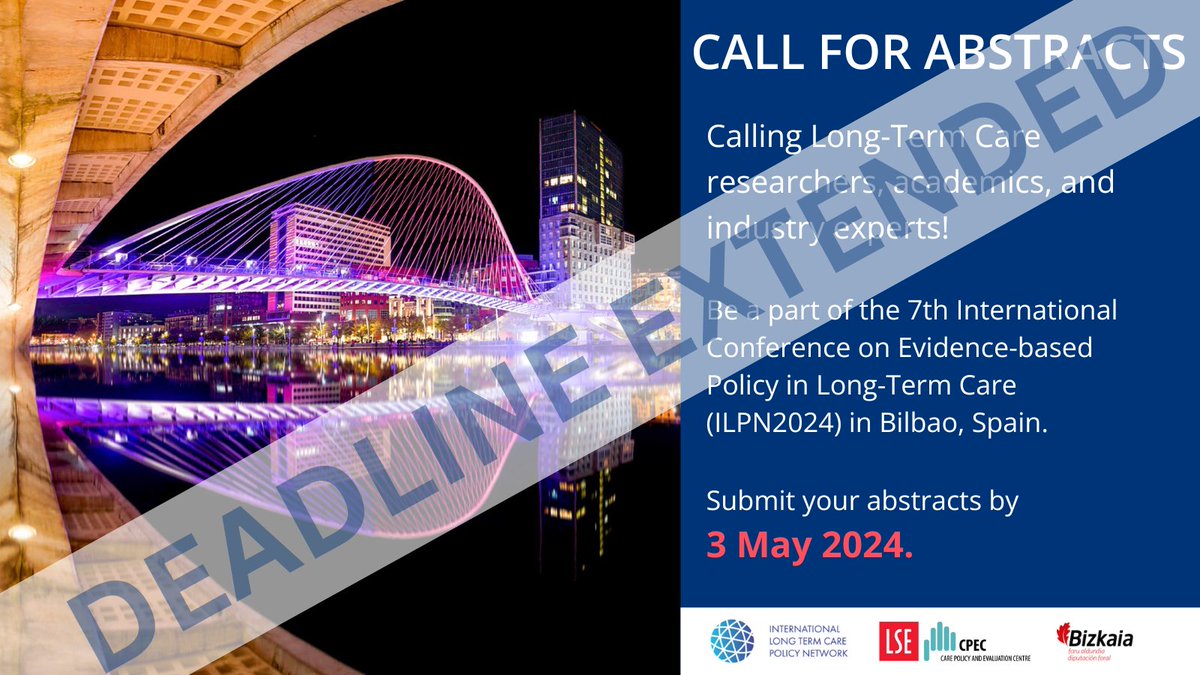 DEADLINE EXTENSION ❗️ Due to overwhelming demand, the deadline to submit abstracts for the next ILPN conference in #Bilbao has been extended to 3 MAY 2024. 🎉 Shape the #LongTermCare conversation + engage with an international community. APPLY NOW:👉 ilpnetwork.org/2024-conferenc…