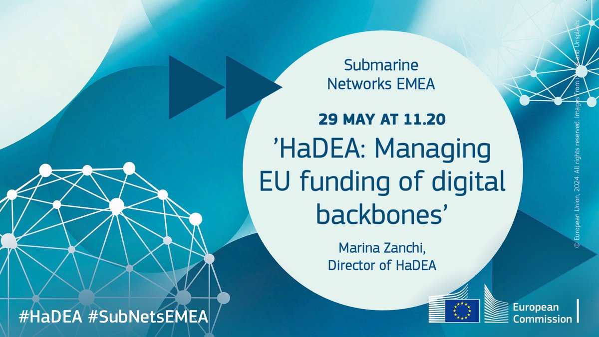 I'm glad to join the distinguished speakers at the Submarine Networks conference next month!

If you're attending, join me in London to hear how HaDEA manages the EU Funding of Digital Backbones:
📅29 May, 11:20 AM
hadea.ec.europa.eu/events/submari…
#SubNetsEMEA