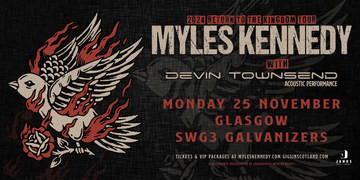 𝗝𝗨𝗦𝗧 𝗔𝗡𝗡𝗢𝗨𝗡𝗖𝗘𝗗 American rock artist Myles Kennedy headlines SWG3 Galvanizers on Monday 25 November 2024. 𝗧𝗜𝗖𝗞𝗘𝗧𝗦 on sale Friday 3 May 2024. 𝗠𝗢𝗥𝗘 𝗜𝗡𝗙𝗢 → swg3.tv/events/2024/no…