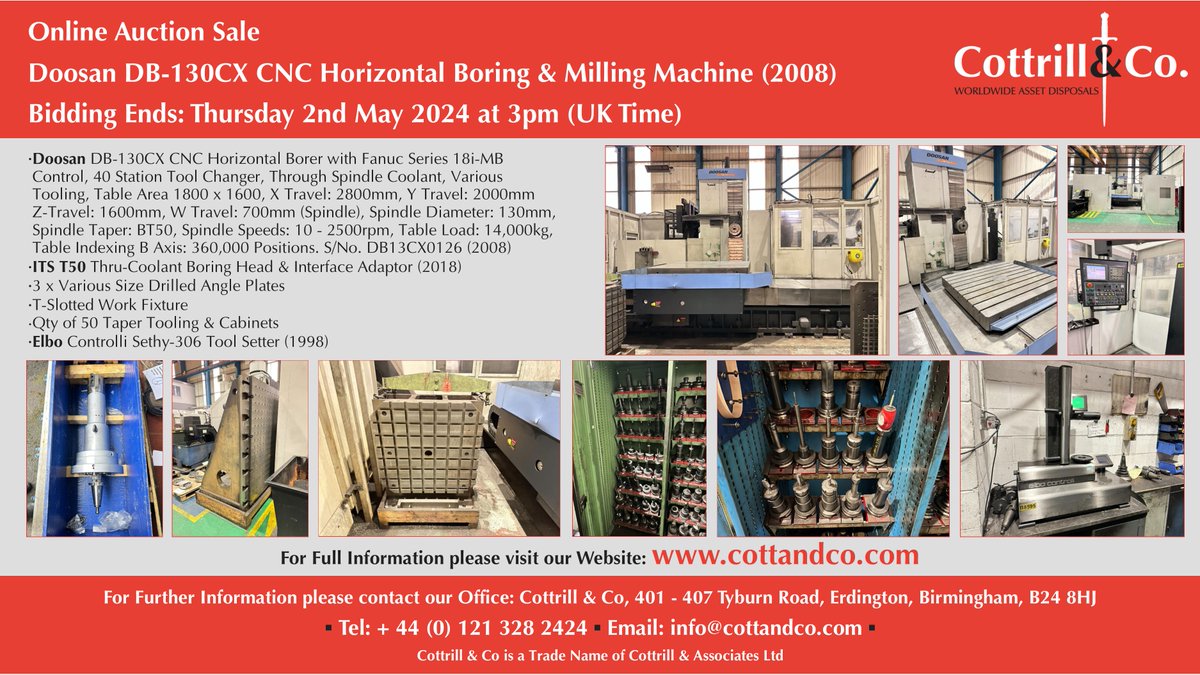 📆 Online #Auction Sale - 2 May 2024 - Doosan DB-130CX CNC Horizontal Boring & Milling Machine (2008) #cnc #EngineeringUK #engineering #ukmfg #usedmachines #manufacturinguk #manufacturing

Link to Auction: cottandco.com/en/lots/auctio…