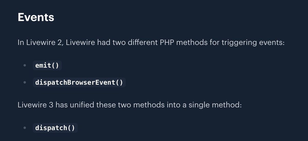 Reminder for Livewire/Filament users.

If you find a tutorial or forum post that use `$this->emit()` or `$this->dispatchBrowserEvent()`, keep in mind it's old Livewire 2 syntax.

In Livewire 3, both were replaced by `$this->dispatch()`.

Upgrade guide: livewire.laravel.com/docs/upgrading…