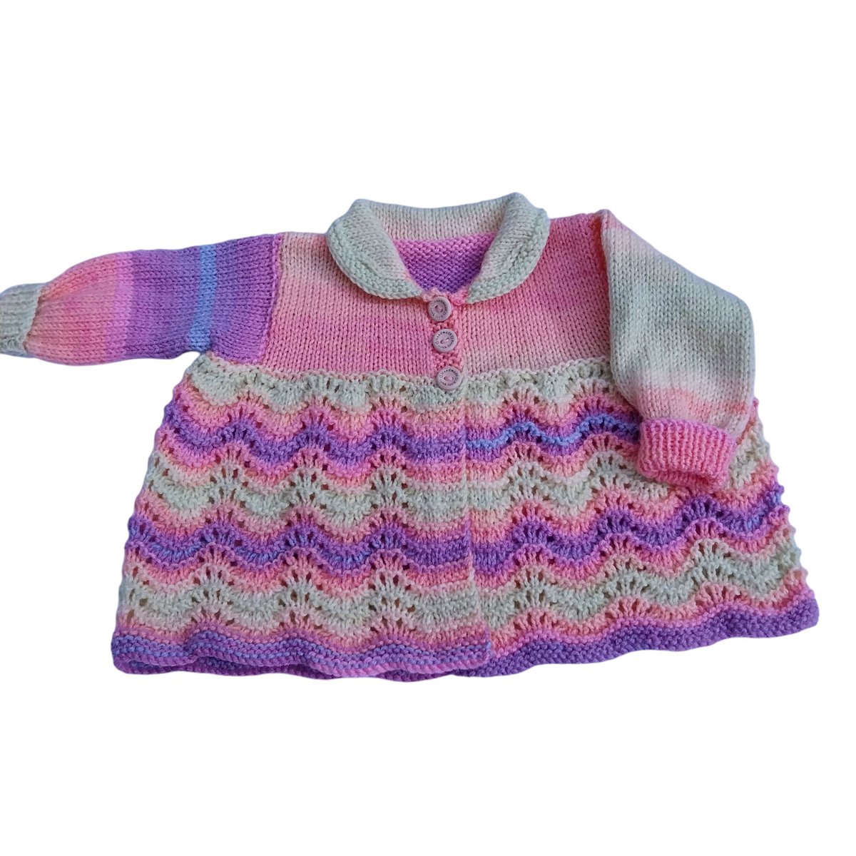 Adorn your newborn girl in a traditional hand-knitted cardigan with multicoloured stripes! Vintage-style matinee coat available now at Knittingtopia. Shop now: knittingtopia.etsy.com/listing/170437… #knittingtopia #etsy #handmade #babyshowergifts #craftbizparty #MHHSBD #shopsmallnetworking