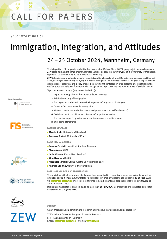 📢#CallforPapers: 3. Workshop “Immigration, #Integration & Attitudes”, mit Keynotes von @diehl_claudia @UniKonstanz & @tomfratti @LaStatale, 24./25.10. am #ZEW 🗓️Deadline: 15.06. 📖 zew.de/VA4373-1/?twt=1 Wir freuen uns auf die Einreichungen! @MZESUniMannheim @IMES_ZEW_MZES