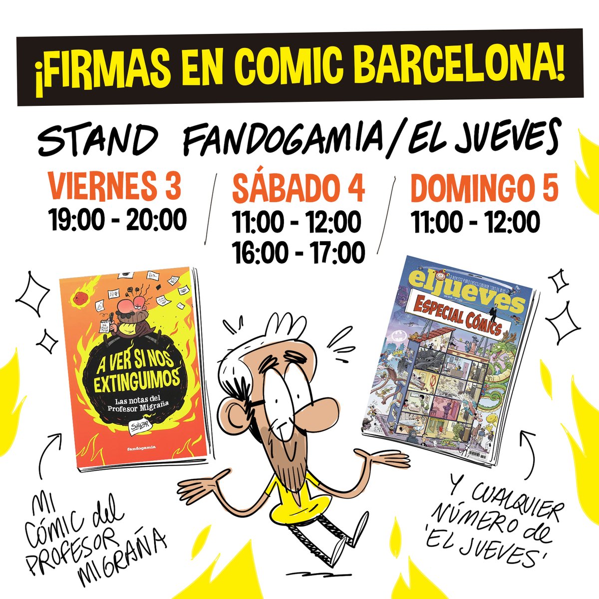 Bueno, bueno, bueno, este finde estaré los tres días firmando en @COMIC_bcn, en el stand de @Fandogamia y @eljueves, mi cómic A VER SI NOS EXTINGUIMOS y cualquier número de EL JUEVES que traigáis, en especial el NUMERAZO que hemos preparado para la ocasión 🧡