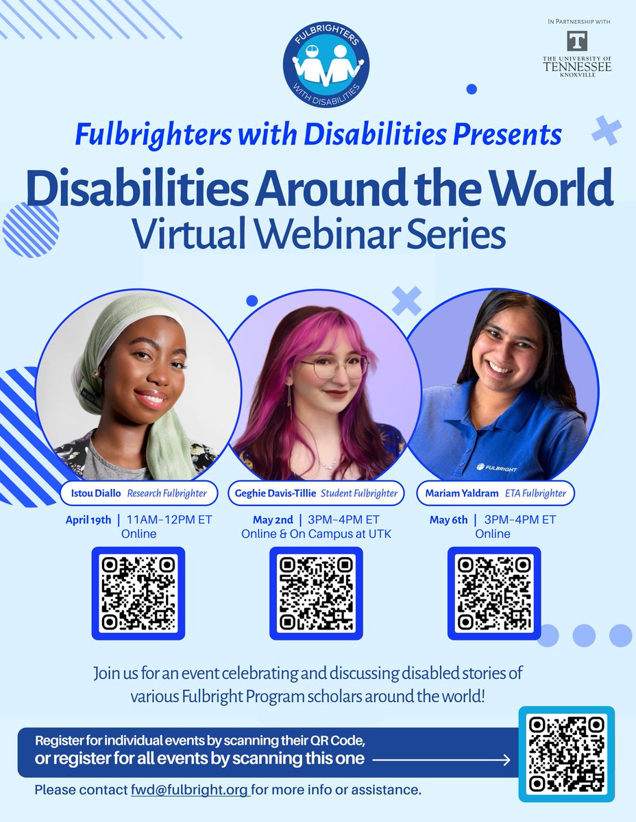 Join Disabilities Around the World Webinar Series by @FwDchapter & @UTKnoxville: Geghie Davis-Tillie @USUKFulbright student grantee (May 2, 21:00 CET) forms.gle/WA1vyGmt93FN4X… Mariam Yaldram #Fulbright Taiwan ETA grantee (May 6, 21:00 CET) RSVP: forms.gle/VYAH1P5GHYCvUL…