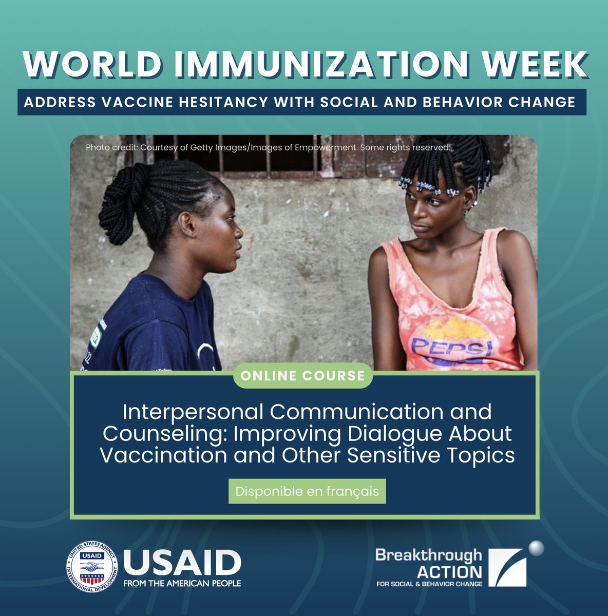 🛡️ Master sensitive health conversations with our course on interpersonal communication & counseling. It equips health professionals with skills to debunk myths and foster trust, crucial for vaccine discussions. Learn more: …ing.breakthroughactionandresearch.org/courses/ipcc/ #WorldImmunizationWeek @USAIDGH