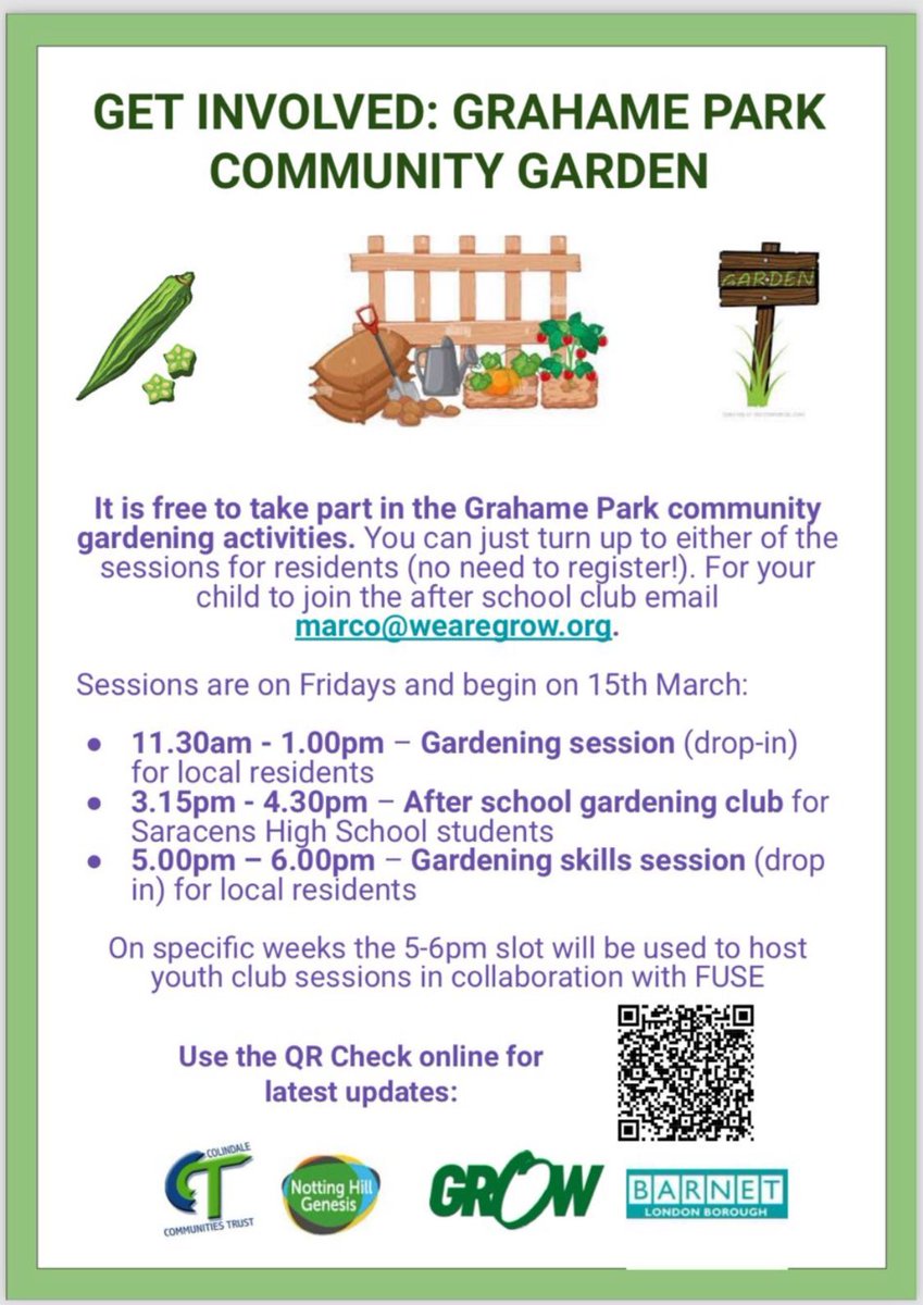 Get involved in gardening on the Grahame Park Concourse every Friday. Morning & evening drop-ins for residents just outside the Community Centre. Free to take part. A chance to socialise, learn new skills & meet the team at @wearegrow___ #NHGhousing #cct_colindale #BarnetCouncil