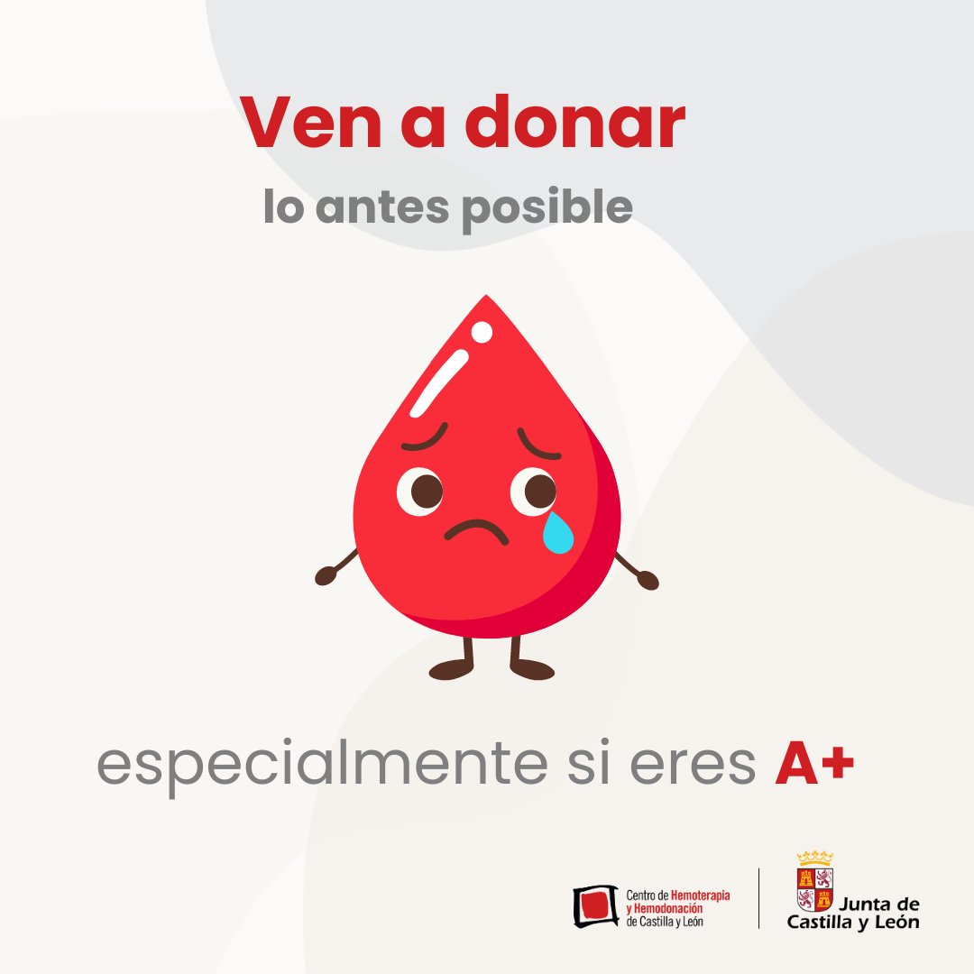 🚨 Te necesitamos. #DonaSangre lo antes posible. Especialmente si eres A+ Las reservas de sangre la comunidad están bajas 🪫 y te necesitamos para poder #SalvarVidas   📍Todos los puntos de donación en centrodehemoterapiacyl.es/puntos-de-dona… #DonaSangreCyL #SalvarVidas