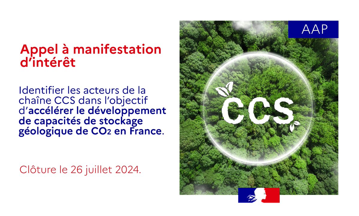 #AMI | 📢 Lancement d’un appel à manifestation d’intérêt pour développer les capacités de capture et stockage de carbone de la France, sous l’impulsion de @RolandLescure. 🎯 Objectif : développer des tests de capture, valorisation et séquestration du carbone en France dès 2025.…