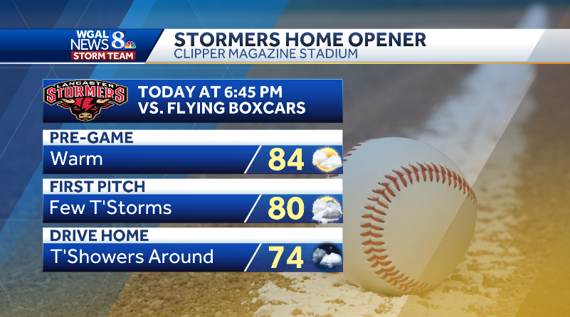 ⚾️ STORMERS HOME OPENER This forecast looks more like the middle of summer, as opposed to #OpeningDay for @lancstormers! Enjoy the warmth, and keep an eye to the sky for evening showers and thunderstorms. #PAwx #Stormers #Lancaster #LancasterStormers