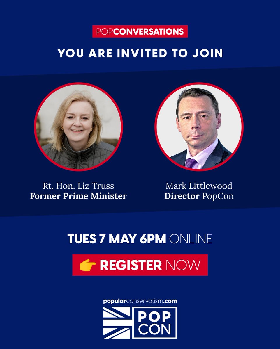 You are invited to PopConversations Episode 3 with @trussliz and @MarkJLittlewood 🎙️ This is a unique opportunity to hear from the former Prime Minister 🇬🇧 Spaces will be limited, so sign up as soon as you can to secure your slot here 👇 us06web.zoom.us/webinar/regist…