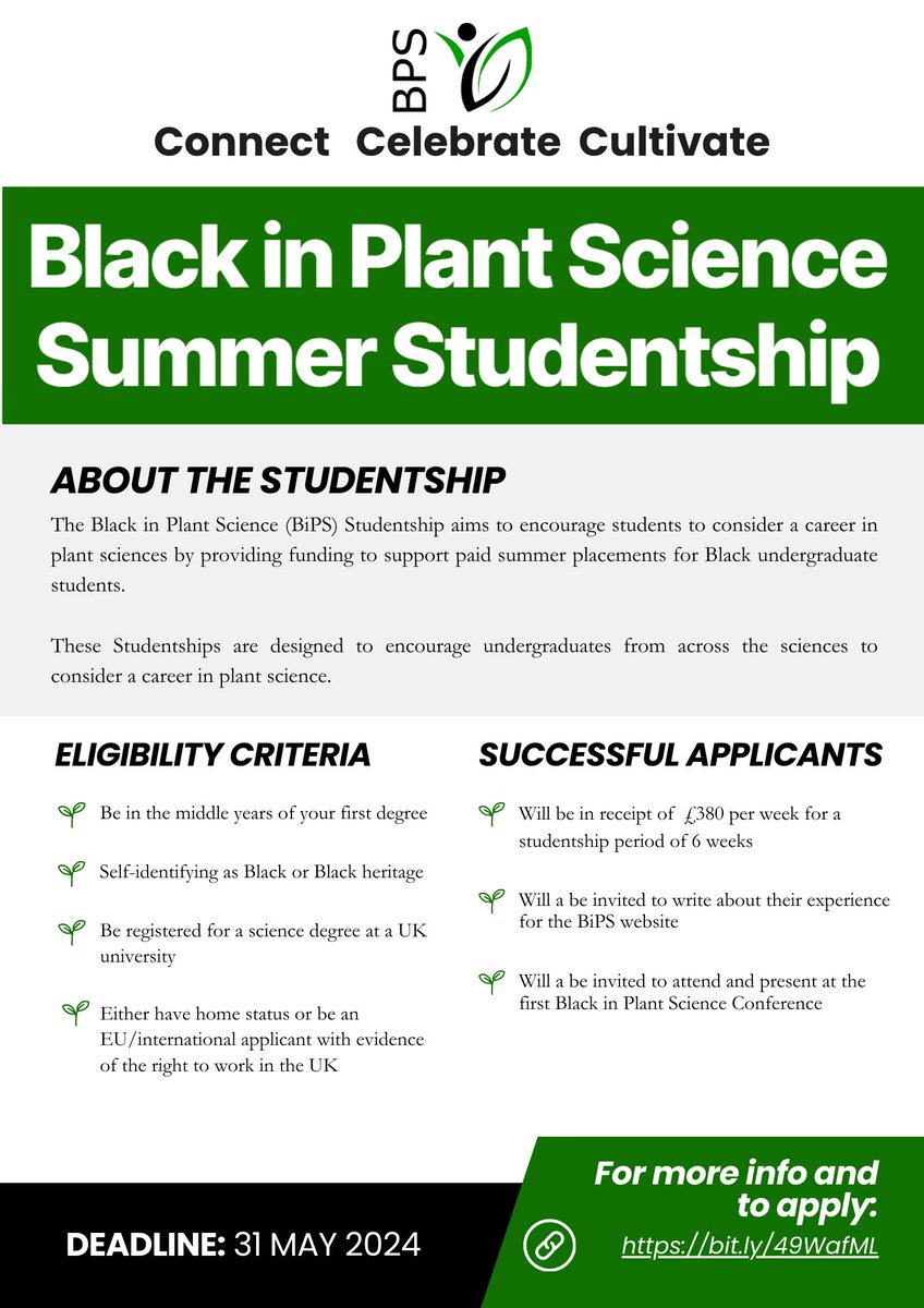 Are you a Black undergraduate student in the UK with an interest in plant science? Applications are now open for the BiPS Summer Studentship supported by @ThePlantJournal Apply by 31 May 2024: blackinplantscience.org/2024/04/29/bla… Please RT