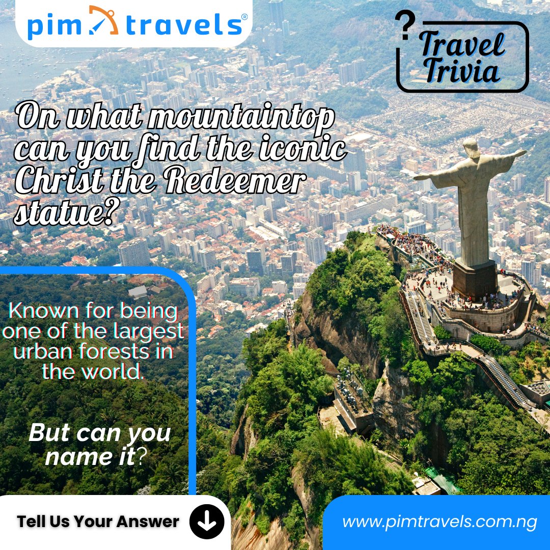 Test your Rio knowledge! Where is Christ the Redeemer statue watching over? #pimtravels

#internationalflight #internationalflightbooking #travel #traveldeals  #traveladvisor #traveldreams #flightstoriodejaneiro #southamerica #travelbuneosaires #travelassistance #lagostohanoi