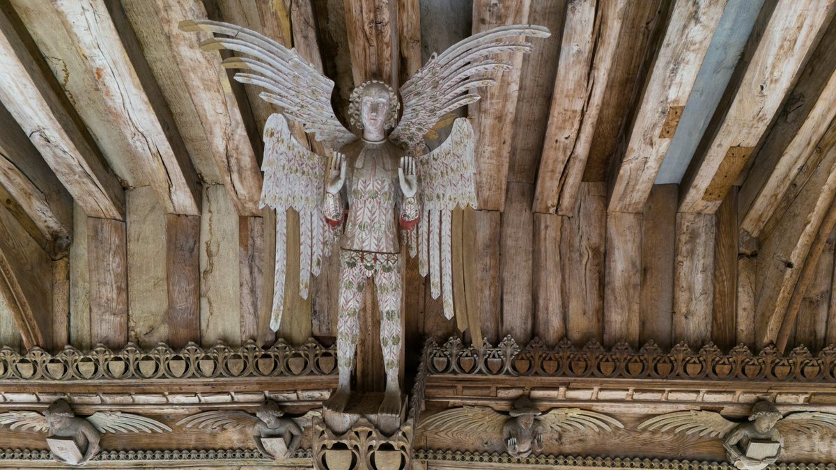 Here are some details of the incredible angel roof on the nave at Cawston in Norfolk - it dates from c.1460. On the hammer beams stand eleven six-foot tall seraphim, still with much of their original colour on them, their hands in prayer or raised in adoration.