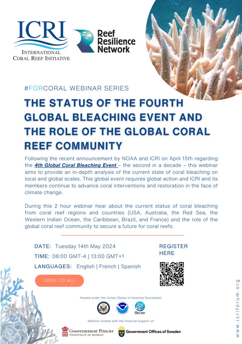 📢REGISTRATION NOW OPEN📢 🪸ICRI is pleased to announce the release of the fourth #ForCoral Webinar in collaboration with @ReefResilience and in partnership with @NOAACoral 📅 Tuesday 14th May 2024 (08:00 EDT | 13:00 BST | 22:00 AEST ) and will address the Status of the…