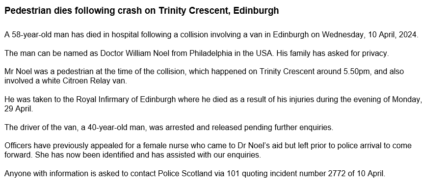 A 58-year-old man's died in hospital, more than 2 weeks after being hit by a van in Edinburgh.
