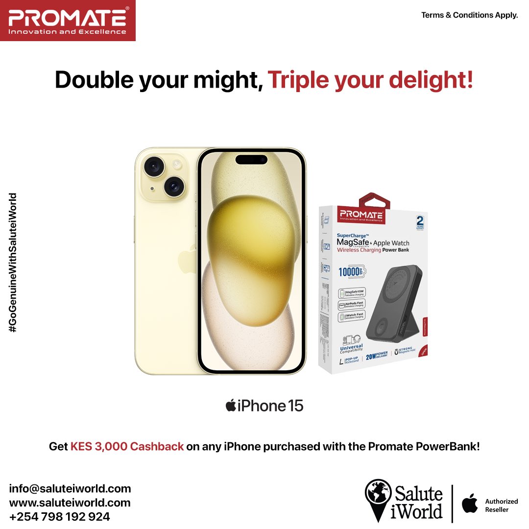 SaluteIWorldLtd's tweet photo. Power up your Labour Day with the ultimate duo! 📱⚡ Score big with Salute iWorld's promo: Get KES 3,000 cash back when you grab any iPhone with the Promate PowerBank. Don't miss out on this electrifying deal! 💥
#LabourDaySpecial #SaluteiWorld
#GoGenuineWithSaluteiWorld https://t.co/6XWTT617qF