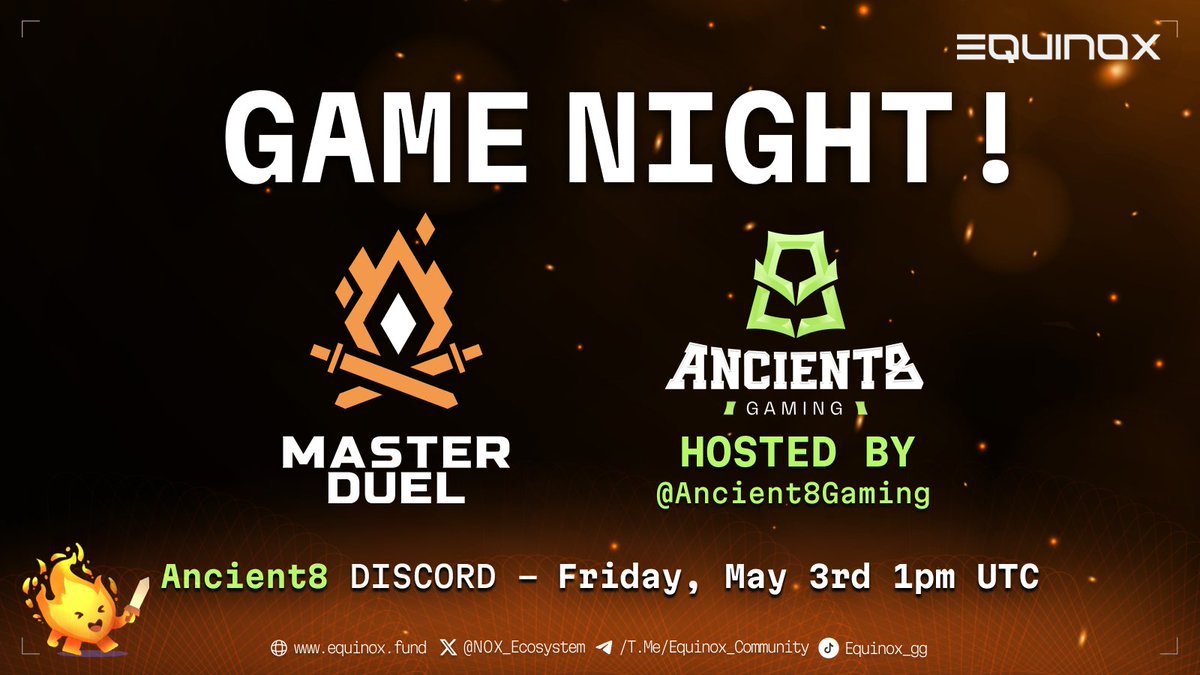 ⚡️🎮 GAME NIGHT ! 🎮⚡️ 🕹️Come join @Belly0x ! With another fun game night! Hosted by @Ancient8Gaming ⚔️ We’ll be checking out @PlayMasterDuel ! ⚔️ 🤖 Dive into a world of casual games and real rewards with every play. Build on @Ancient8_gg 🫶🥳 🟣Discord :