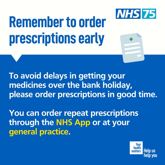 With the bank holiday approaching, make sure you order your repeat prescription in advance. For more information on how to do this, visit nhs.uk/nhs-services/p…