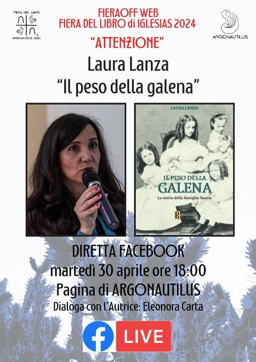 Oggi martedì 30 aprile ore 18:00 Canale FB di Argonautilus LIVE Laura Lanza 'Il peso della galena' Rossini Editore #FieraOFF #FieraOFFWEB #fieralibroiglesias