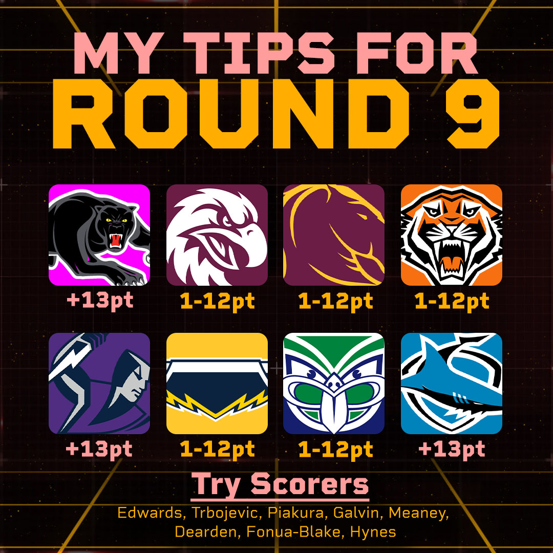 Yo! Its Tipping Time! Its Round 9!

What are you tipping this week??

#NRLRoostersStorm #NRLDragonsWarriors
#NRLEelsDolphins #NRLPanthersTigers
#NRLTitansSeaEagles #NRLBroncosRaiders
#NRLBulldogsKnights #NRLSharksCowboys