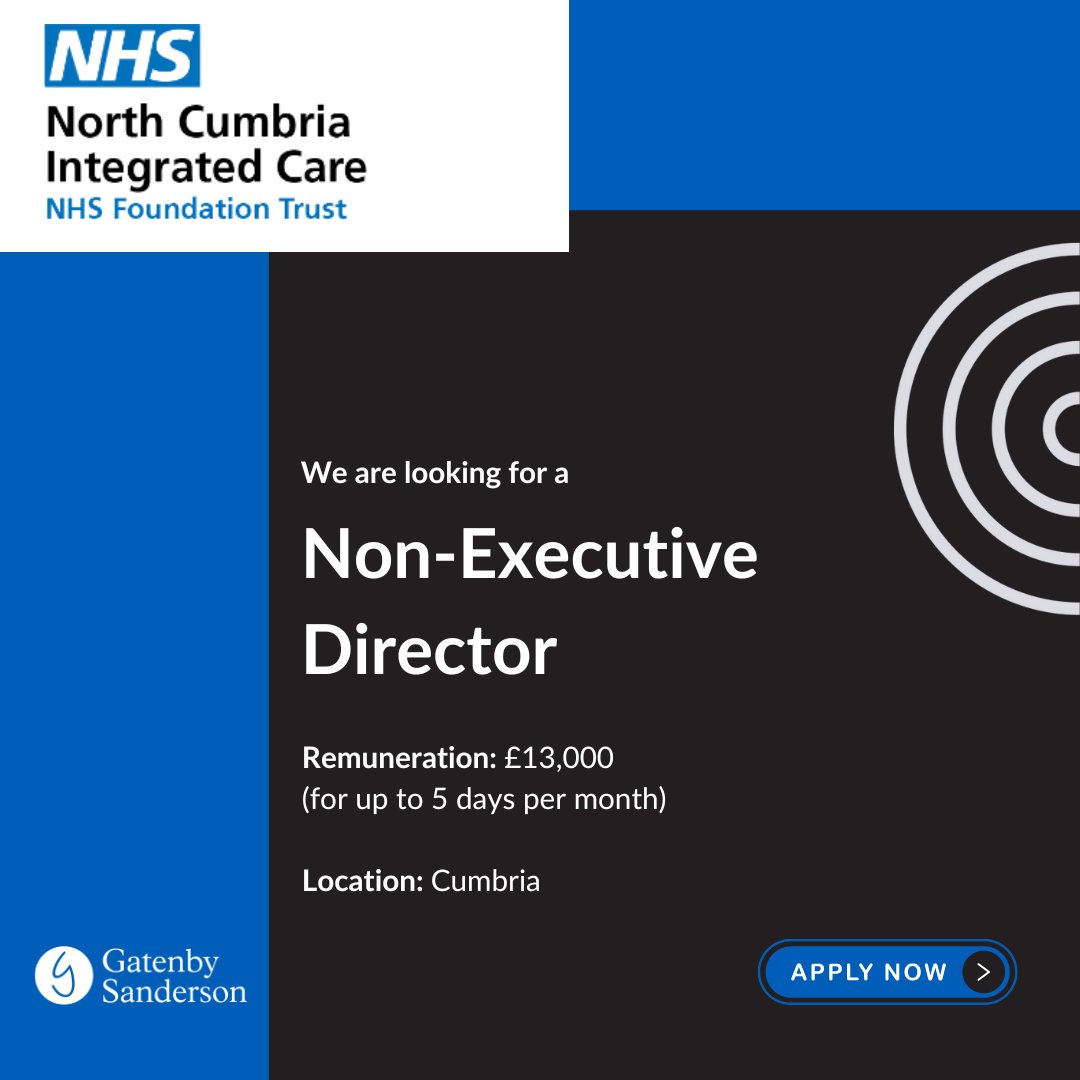 GatenbySanderson (@gatenbys) on Twitter photo NEW OPPORTUNITY <a href="/NCICNHS/">North Cumbria Integrated Care NHS Foundation Trust</a>
Fantastic opportunity for a values-driven and inspiring Non-Executive Director to join the Trust Board, providing oversight, governance, leadership, and scrutiny as part of a cohesive and dynamic Unitary Board.
Info & Apply via tinyurl.com/4dm28yd2 NEW OPPORTUNITY <a href="/NCICNHS/">North Cumbria Integrated Care NHS Foundation Trust</a>
Fantastic opportunity for a values-driven and inspiring Non-Executive Director to join the Trust Board, providing oversight, governance, leadership, and scrutiny as part of a cohesive and dynamic Unitary Board.
Info & Apply via tinyurl.com/4dm28yd2