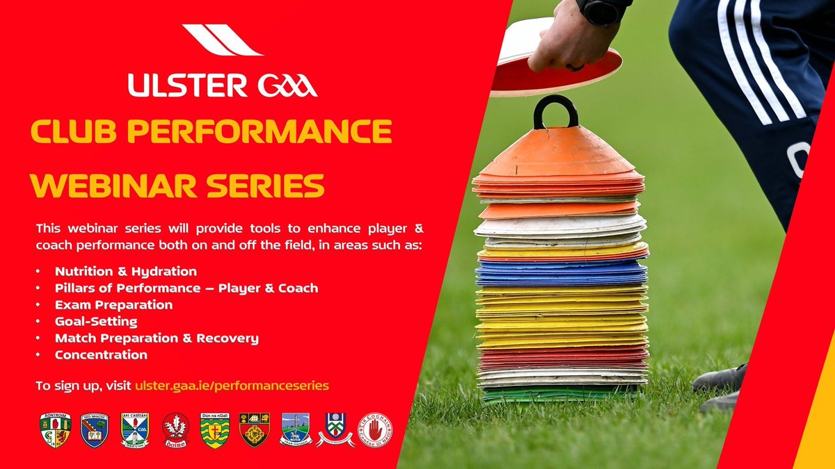 The upcoming Ulster GAA Club Performance Webinar Series begins tomorrow evening. The series provides players & coaches with performance & lifestyle strategies for on & off the field. 'Nutrition & Hydration' Wed 1st May 8.30pm Info & free registration at ulster.gaa.ie/performanceser…