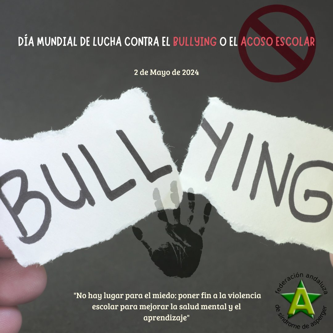 ¨DÍA MUNDIAL DE LUCHA CONTRA EL BULLYING O EL ACOSO ESCOLAR¨
Asperger Andalucía se suma reclamando actuaciones contundentes por parte de las administraciones y el profesorado. Esta lacra golpea especialmente a las personas en el #espectroautista 
#porunprotocolodeactuaciónreal