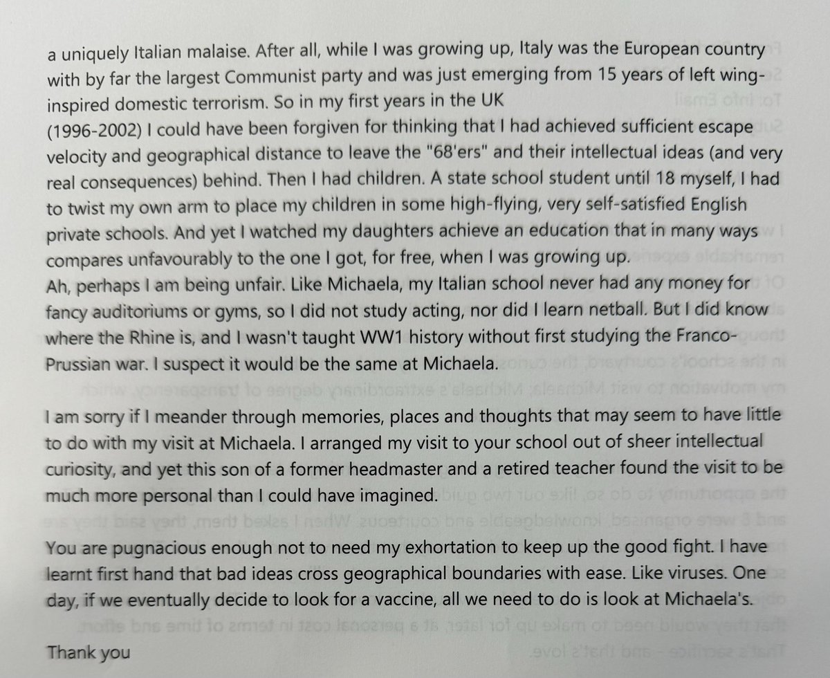 An extraordinary letter about this man’s visit to Michaela but also of the decline of European education since the 1960s. It is exactly as he says. We all know it is. But at Michaela we reject progressive ways and embrace traditionalism.