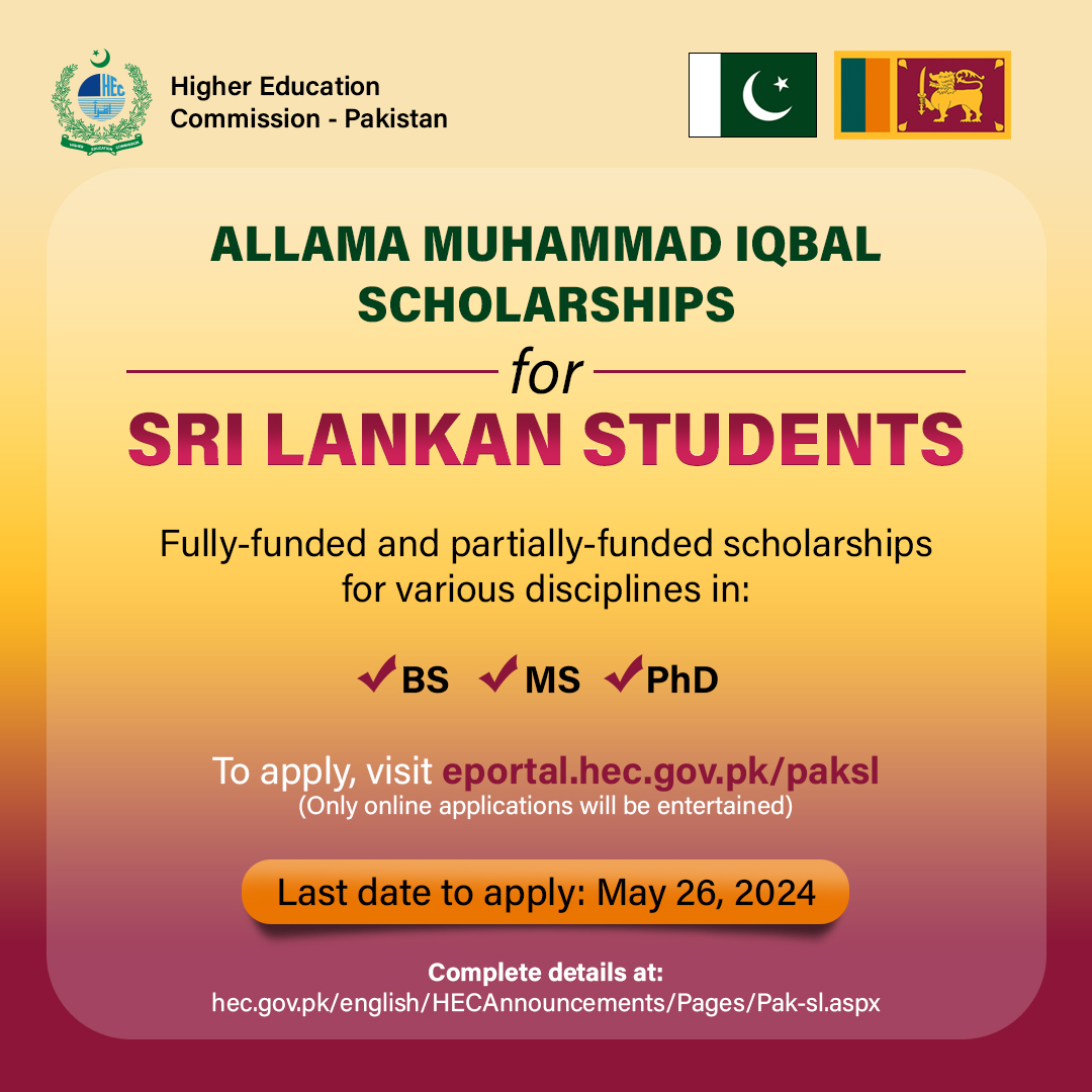 Allama Muhammad Iqbal Scholarships are NOW OPEN for Sri Lankan Students! Fully/ partially-funded scholarships for: BS, MS, PhD To apply, visit: eportal.hec.gov.pk/hec-portal-web… Complete details at: hec.gov.pk/.../HECAnnounc…