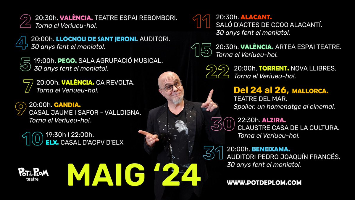 💪🏻 Ànim! Que demà és festiu! 🗓️ Ací teniu el calendari de maig, per poder anar fent plans. Mireu si teniu opcions de vindre a veure'ns! 🎟️ Podeu consultar més informació i venda d'entrades al calendari de la nostra web potdeplom.com/calendari.