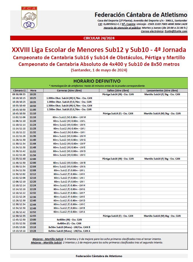 ➡ Atletas inscritos (DEFINITIVO) XXVIII Liga Escolar de Menores - 4ª J. Cto. Cantabria Sub16 y Sub14 de Obst., Pértiga y Martillo Cto. Cantabria Absoluto de 4x400 y Sub10 de 8x50m (Santander, 1 de mayo de 2024) fcatle.com/wp-content/upl… * Más información: fcatle.com/evento/01052024