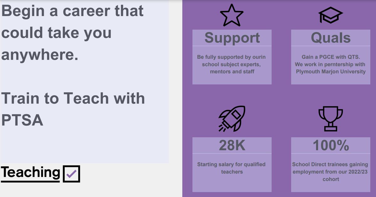 PTSA (@plymouthtsa) on Twitter photo Train to Teach with PTSA
For more info visit: ptsa.uk/train-to-teach/ or email info@ptsa.uk
Apply Here: …duate-teacher-training.service.gov.uk/course/1T7/286L
<a href="/marjonuni/">Plymouth Marjon University</a> <a href="/MarjonTEP/">Marjon TEP</a> <a href="/CiaraEMoran/">Ciara Moran</a> <a href="/learningatceo/">Simon Spry</a> <a href="/SalisburyRdPrim/">Salisbury Road Primary</a> <a href="/HighViewPlym/">High View School</a> Train to Teach with PTSA
For more info visit: ptsa.uk/train-to-teach/ or email info@ptsa.uk
Apply Here: …duate-teacher-training.service.gov.uk/course/1T7/286L
<a href="/marjonuni/">Plymouth Marjon University</a> <a href="/MarjonTEP/">Marjon TEP</a> <a href="/CiaraEMoran/">Ciara Moran</a> <a href="/learningatceo/">Simon Spry</a> <a href="/SalisburyRdPrim/">Salisbury Road Primary</a> <a href="/HighViewPlym/">High View School</a>