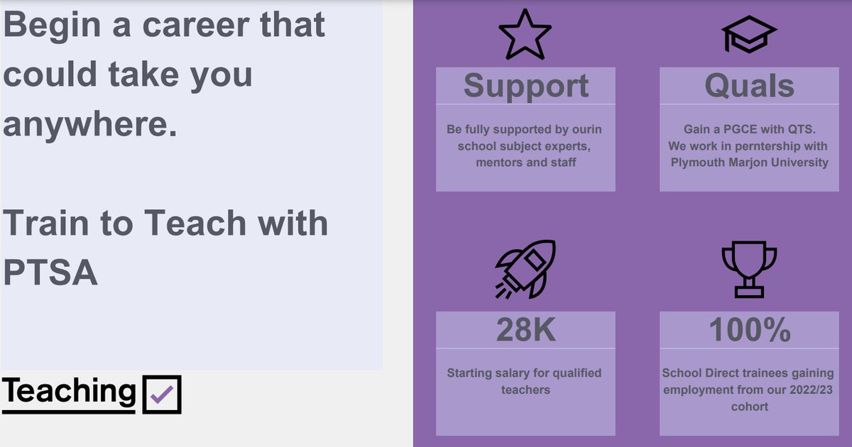 Train to Teach with PTSA For more info visit: ptsa.uk/train-to-teach/ or email info@ptsa.uk Apply Here: …duate-teacher-training.service.gov.uk/course/1T7/286L @marjonuni @MarjonTEP @CiaraEMoran @learningatceo @SalisburyRdPrim @HighViewPlym