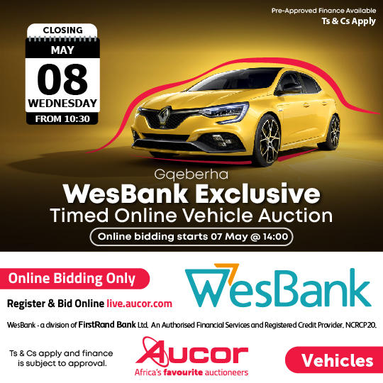 WESBANK EXCLUSIVE TIMED ONLINE VEHICLE AUCTION | AUCOR PE | 7 May 14:00 – 8 May 10:30 | bit.ly/4dfWfk2
Secure pre-approved bank finance, contact, Nicol Palmer at 061 521 7518 | auctionfinance.co.za
#AuctionFinance #PortElizabeth #WesBank
Auth. FSP34936