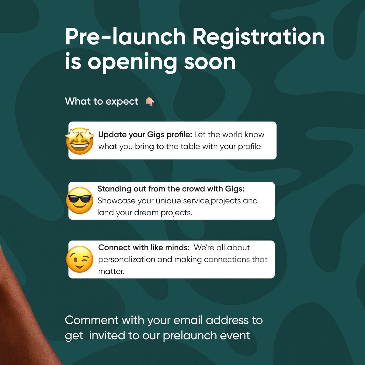 The Gigs is coming. ✅
Are you ready?🚀🚀

Join us at our Pre-Launch Event for a firsthand look at our latest project. 

Drop your email in the comments to reserve your spot. 

Don’t miss out on this opportunity! 💌✨ 

#SneakPeek #PreLaunchEvent #BeTheFirst