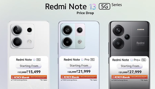 Calling all Redmi fans! The Redmi Note 13 5G series just got a price cut in India. Now you can get the Redmi Note 13 5G for ₹15,499, the Redmi Note 13 Pro 5G for ₹21,999 and the Redmi Note 13 Pro+ 5G for ₹27,999.  #Redmi #RedmiNote13 #PriceDrop